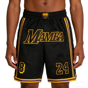 MAMBA Basketball Shorts for Summer 2026, with large embroidered lettering, four pockets, breathable mesh fabric, vintage style, suitable for sports, outdoor activities, and beach wear, available in plus sizes. Commemorative Edition, Black