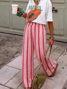 Women's Pink Red Vertical Stripe Wide Leg Pants, Striped Elastic Waist Stretchy Casual Summer Trousers, Suitable for Daily Outings and Vacation Wear, Casual Summer Bottoms