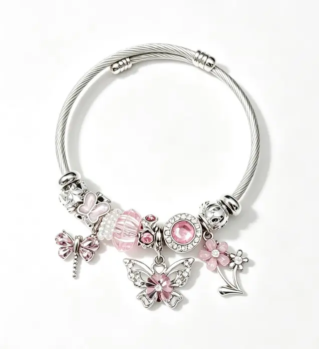 Silver Twisted Cable Open Bangle Bracelet, Pink Crystal Butterfly & Flower Charms Beaded Bracelet, Sweet Fashion Jewelry Gift for Women Teen Girls