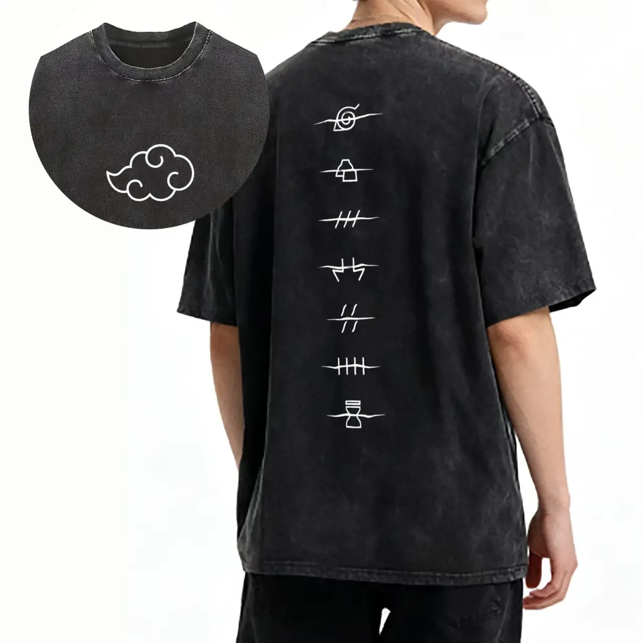 Men's Naruto Akatsuki Clan Logo Retro Washed Cotton Graphic Tee - High-Quality Vintage Oversize Heavyweight Short-Sleeve Round Neck Streetwear Top, Gift for Naruto Fans (Men's Graphic Tees)