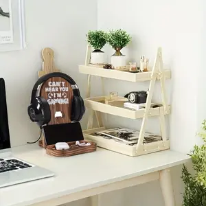 Wooden Desk Organizer Rack, Display Elevation Stand, Men's Gift, Perfect Home Office Accessory, Earphone Holder & Hanging Hook, Desk Organizer Tidy, Gaming Desk Accessory