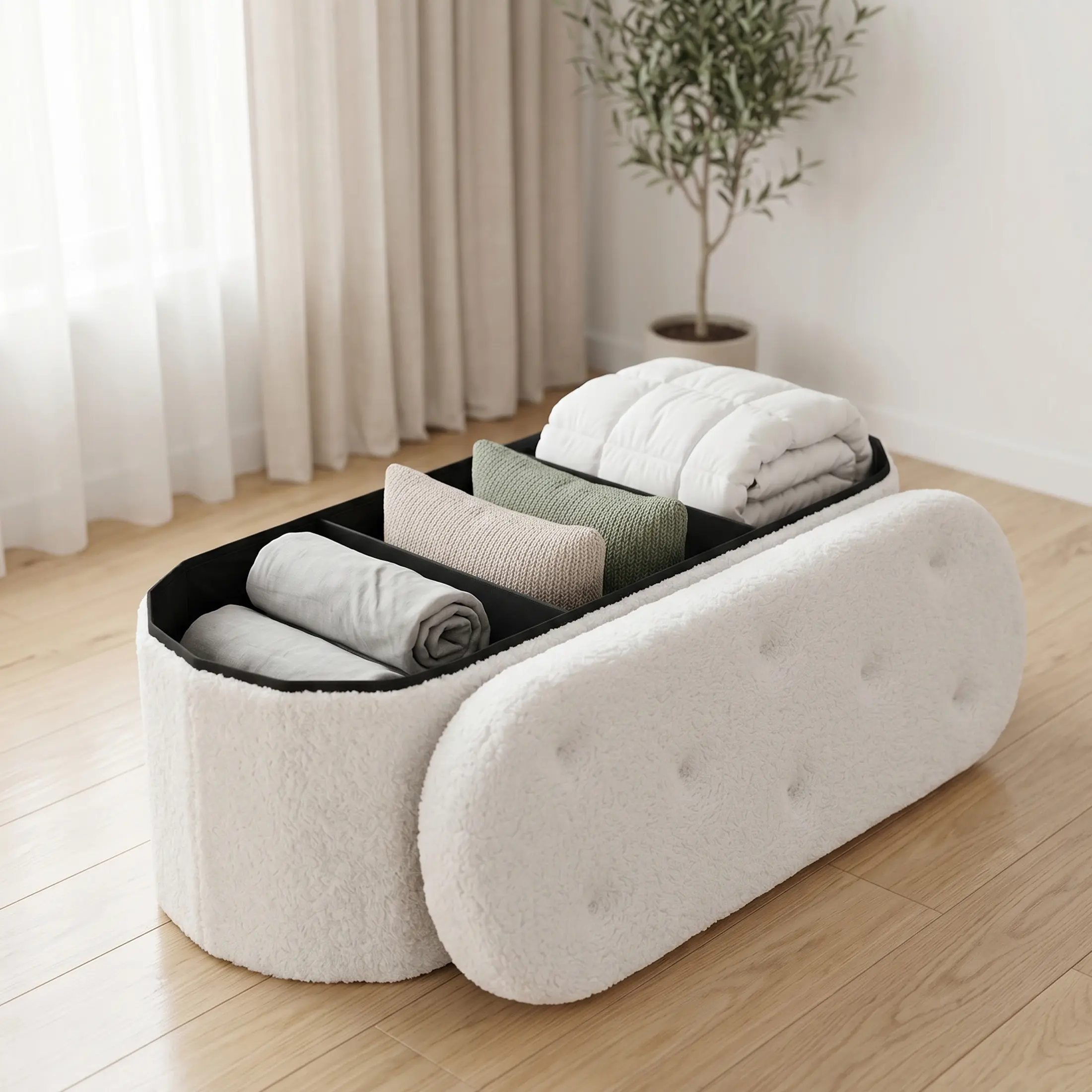 30-43" Folding Storage Ottoman with Soft Cushion, Sherpa Fabric Foot Rest Bench with Hidden Storage Space, Collapsible Long Bench for Living Room Sofa Side, Bedroom End of Bed, Entryway Seating Stool White Cream for Home Use