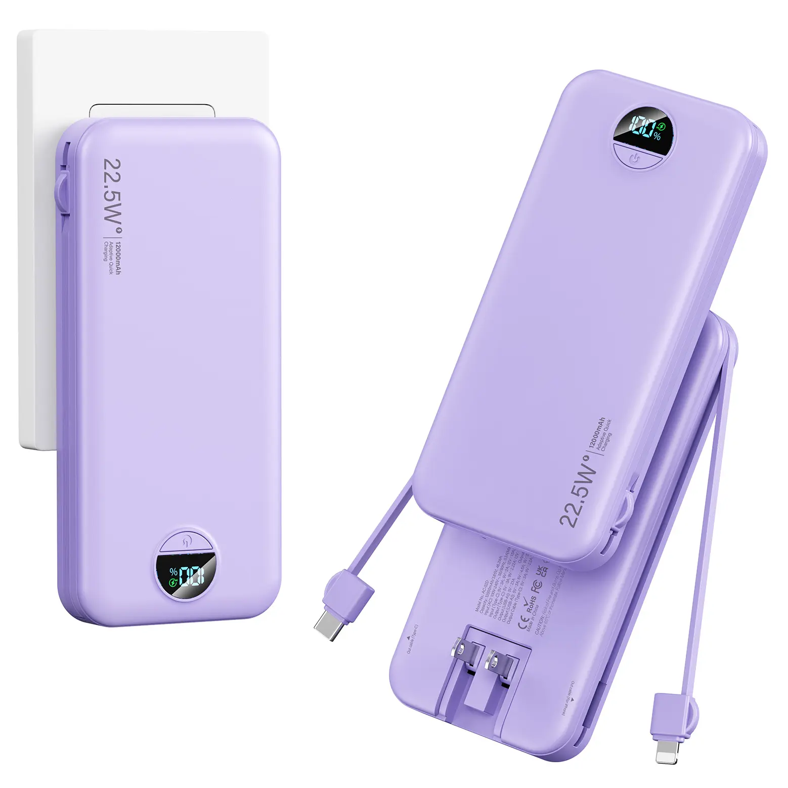 Diamuar 12000mAh Portable Charger - Rechargeable Battery Pack with Built-in Cables, AC Wall Plug, 20W USB-C PD Fast Charging, Smart LED Display - Universal Power Bank Charger for iPhone iPad Samsung, Back to School Haul, On the Road
