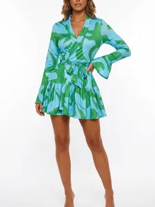 2026 Sexy Women's Abstract Print V-Neck Wrap Fitted Dress with Tie Waist & Ruffle Hem – Chic Style Long Sleeve Mini Dress for Vacations, Parties & Trendy Nights – Available in Bold Red & Fresh Green Fashion Dresses Womenswear