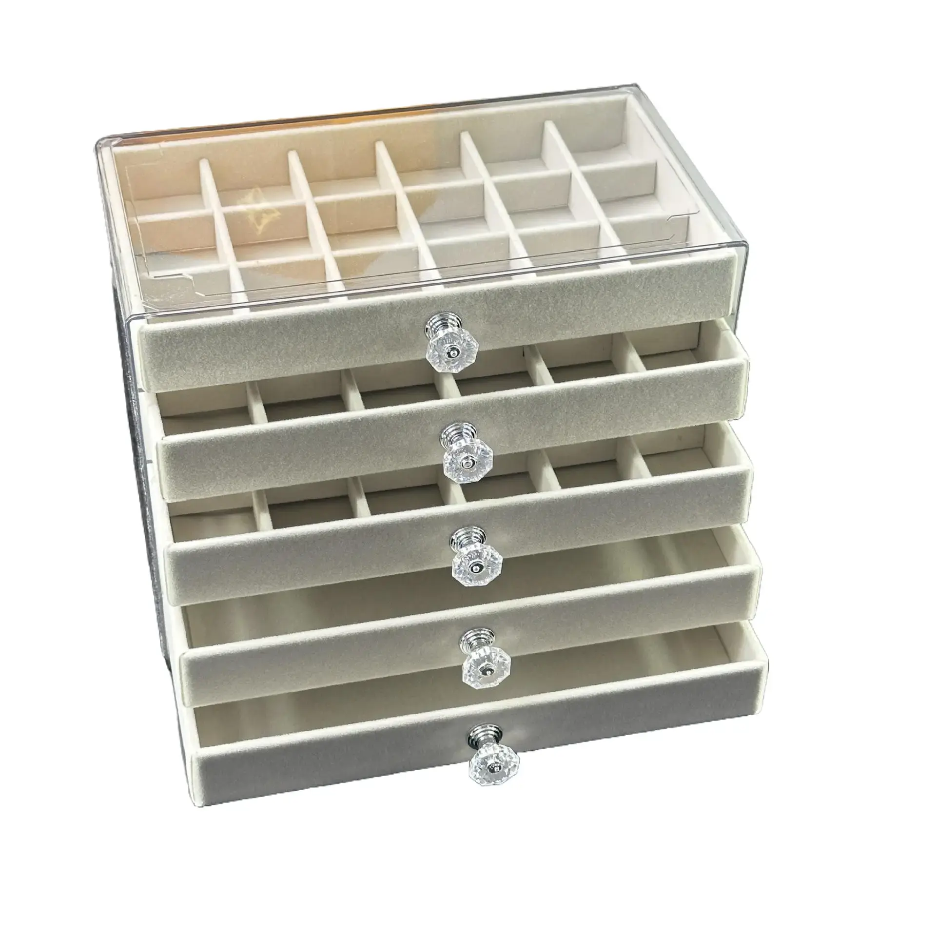 5-Layer Flannel Jewelry Box, Crystal Knob Earring & Small Accessories Storage, Luxury Home Jewelry Organizer for Vanity Decor