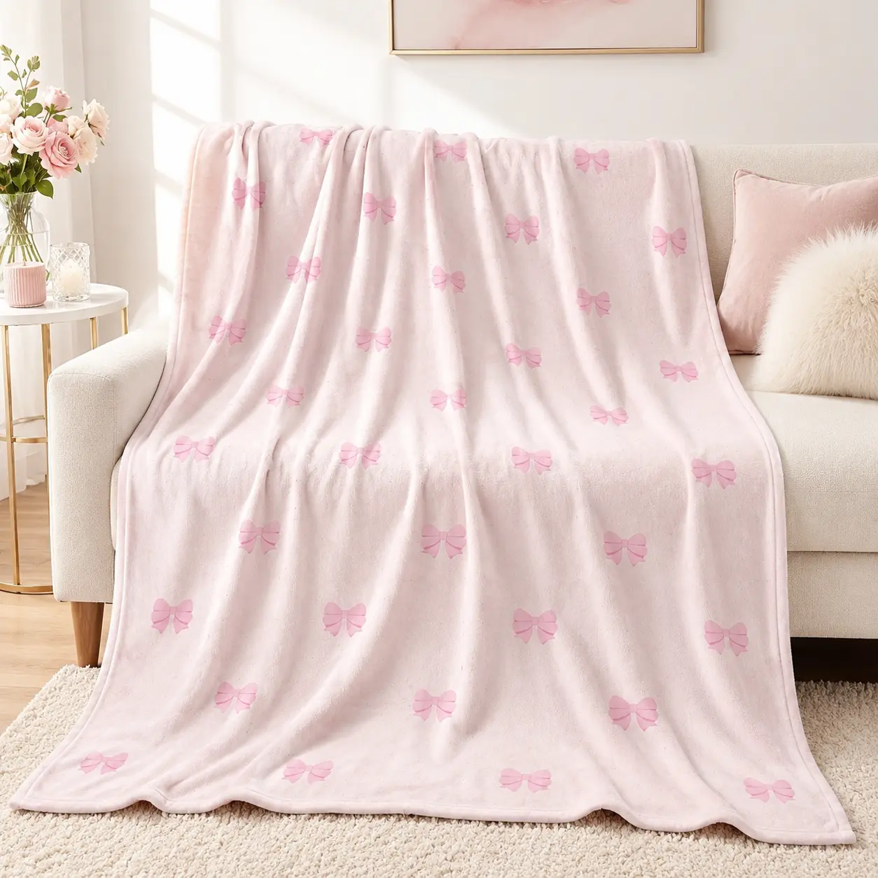Pastel Light Pink Bow Print Coquette Flannel Blanket - Soft, Fuzzy Plush Throw, Multi-Size, Girly Look, Cozy Vibes for Women, Living Room Decor, Home Relaxation, Ideal Birthday Gift for Dorm Bedroom Sofa