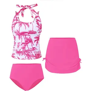 Teen Girls Swimsuit, Halterneck Tankini Drawstring Printed Tween Girls' Swimwear Beach Girl Bathing Suit for 7-16T(Gift)