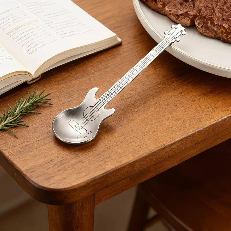 1pcs Guitar shaped stainless steel spoon, tea spoon - suitable for making coffee, tea drinks, and desserts. Durable and stylish tableware designed specifically for music enthusiasts to meet their diverse needs in daily life and tea art.