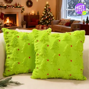 2 Pack of Christmas Pillow Covers 18 x 18 Inch,Green Xmas Tree Red Ball Winter Soft Plush Faux Fur Jacquard Couch Cushion Case Holiday Farmhouse for Winter Sofa Home Decor