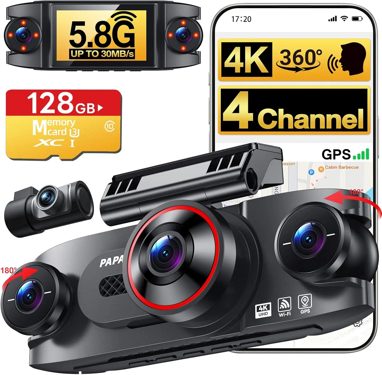 4 Channel 360° Dash Cam Front Rear and Left Right Inside, 4K+1080P*3 Dash Camera for Cars with Free 128GB SD Card, 5.8GHz WiFi-30MB/s, 24H Parking Mode, G-Sensor, GPS, Night Vision, Voice Control