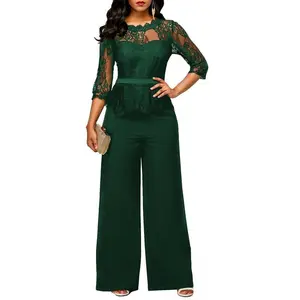 Elegant lace top with belt, women’s fabric pantsuit (multiple colors); check elegance evening high-waist jumpsuit outfit overalls