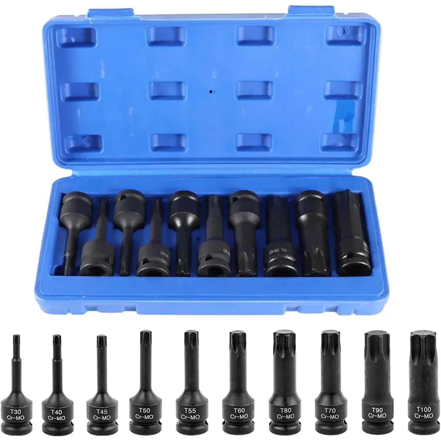 GJANSH 10 Pcs Impact Torx Socket Set, 1/2 inch Drive Star Torx Bit Socket Set T30 T40 T45 T50 T55 T60 T70 T80 T90 T100 Extra Long Socket Bits Set with Case (10 PCS),summervibes