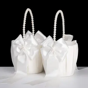 Ivory Flower Girl Baskets for Wedding With Pearl Handle, Set of 2