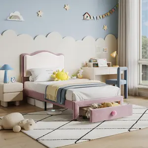 Elegant Princess Twin Platform Bed Lovely Scallop Designed Soft Upholstered Headboard Practical Underneath Storage Drawer Durable Wood Slat Support Stable Noise Free Cute Sleeping Bed Perfect For Little Girls Bedroom