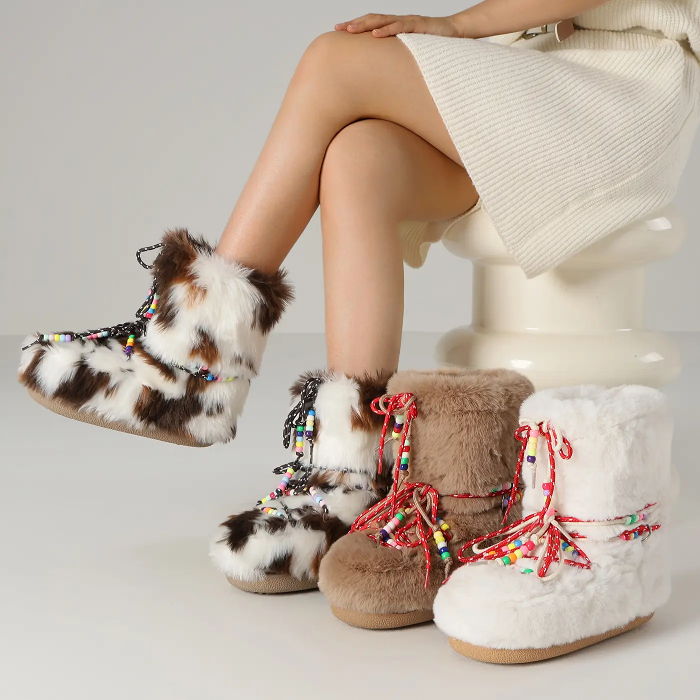 AOSPHIRAYLIAN Women Fuzzy Ankle Boots Winter Furry Snow Fleece- Lined Colorful Laces Boots Fluffy Black White Brown Fur Non-Slip Boots- Lace-up Mid-Calf Water-Resistant Platform Boots Camel warm footwear