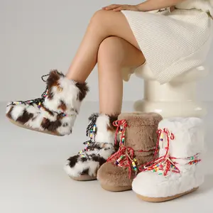 AOSPHIRAYLIAN Women Fuzzy Ankle Boots Winter Furry Snow Fleece- Lined Colorful Laces Boots Fluffy Black White Brown Fur Non-Slip Boots- Lace-up Mid-Calf Water-Resistant Platform Boots Camel warm footwear