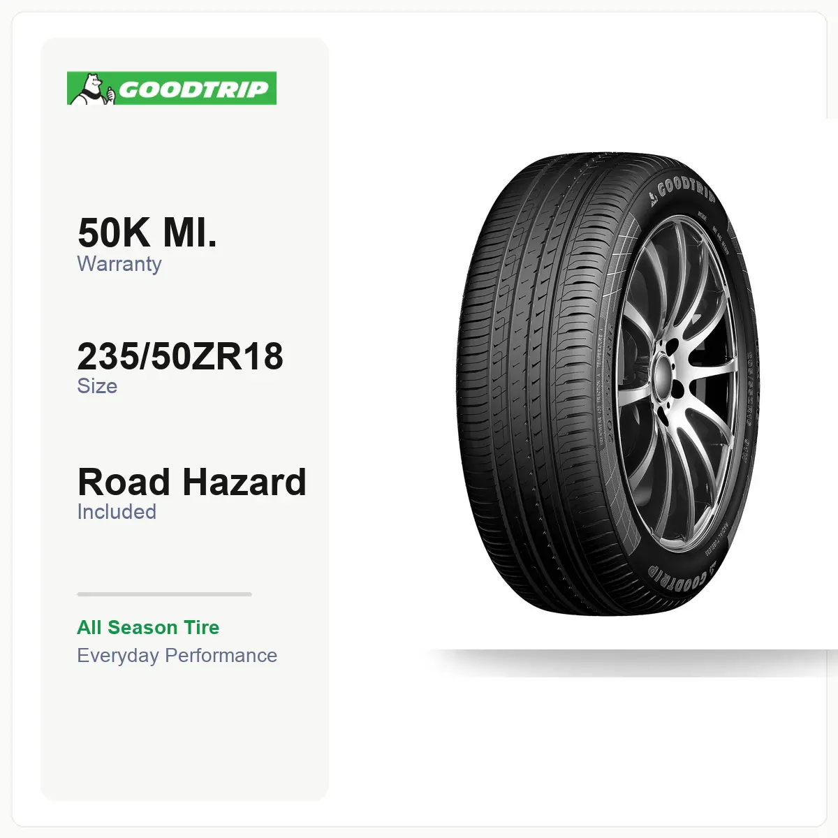 GOODTRIP GR-66 235/50ZR18 101W | All Season Tire, Everyday Performance, XL Load Range, 50K Mile Warranty, Road Hazard, Fits select Ford Mustang, Acura TLX & more, For Sedan/Crossover/SUV