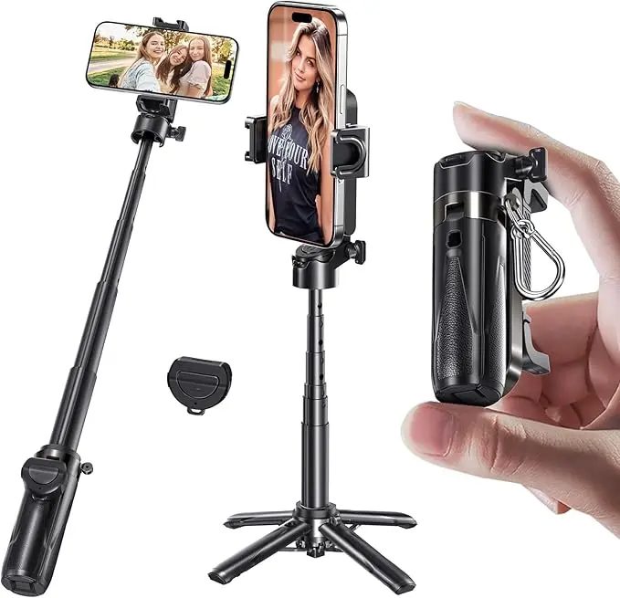 Portable Folding Bluetooth Selfie Stick Tripod with Silicone Grip, Lanyard, Wireless Detachable Remote Control, Cellphone Clip, Compact Retractable Pocket Size for Mobile Devices, iPhone, Android, Camera & DSLR Live Streaming, Vlogging Camera Accessories