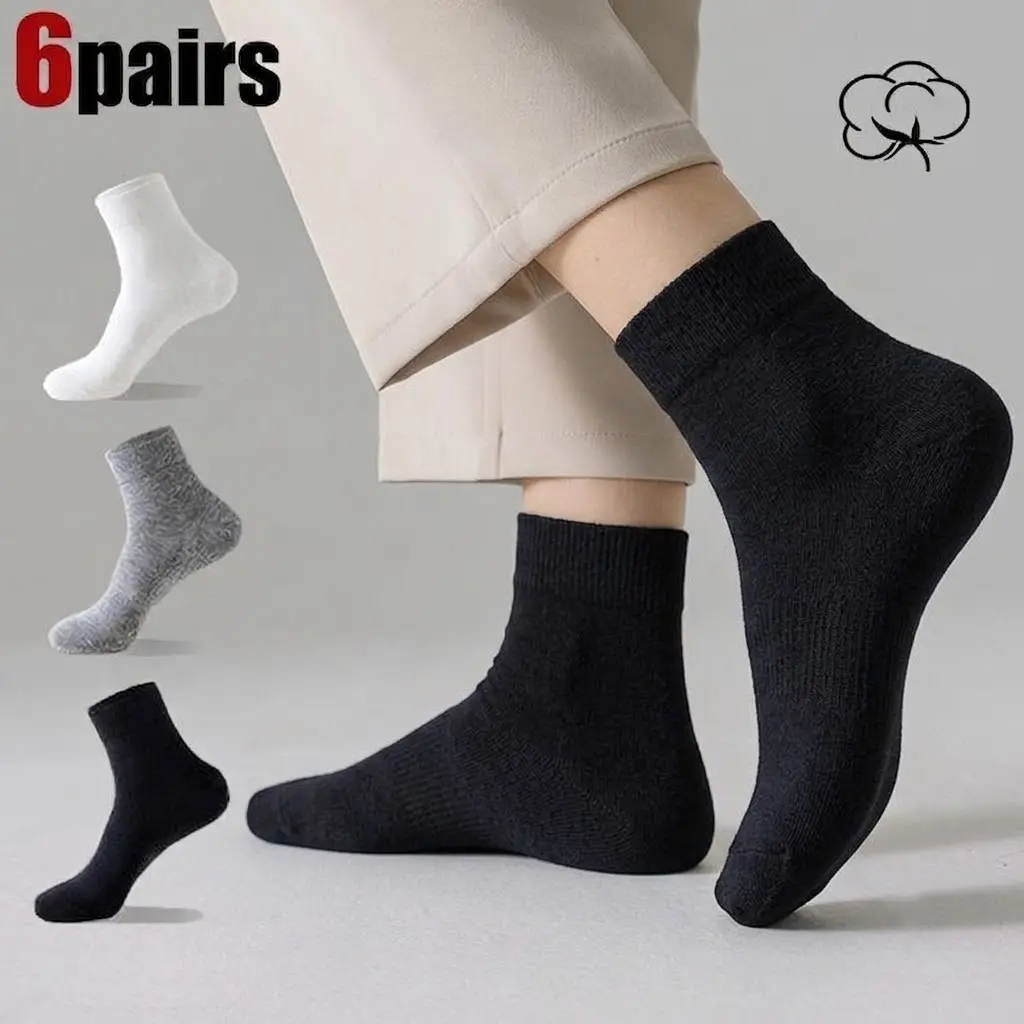 6 Pairs Men's Pure Cotton Crew Socks, Antibacterial & Odor-Resistant, Solid Color Cotton Socks, Summer Casual Basics, Soft & Comfortable, Must-Have Socks