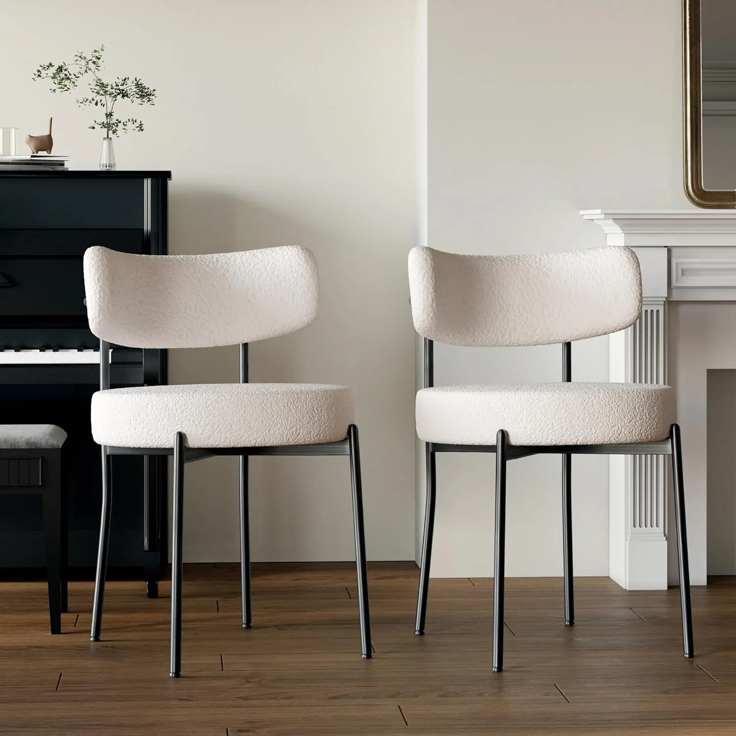 White Dining Chair Set of 2, Mid-Century Modern Upholstered Boucle Chairs with Curved Backrest and Black Metal Legs, Perfect for Kitchen or Dining Room boyfriend  chair