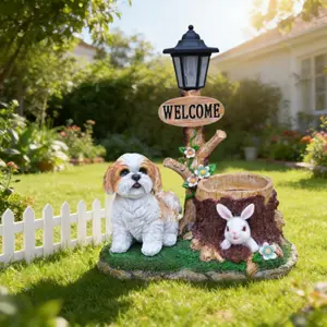 Handmade Pet Statue Planter with Solar LED Light, 2-in-1 Weather-Resistant Resin Garden Decor, Dusk-Activated Soft Illumination Solar Light, Outdoor Flower Herb Planter for Pathway Patio, Weatherproof Animal Sculpture Lawn Ornament
