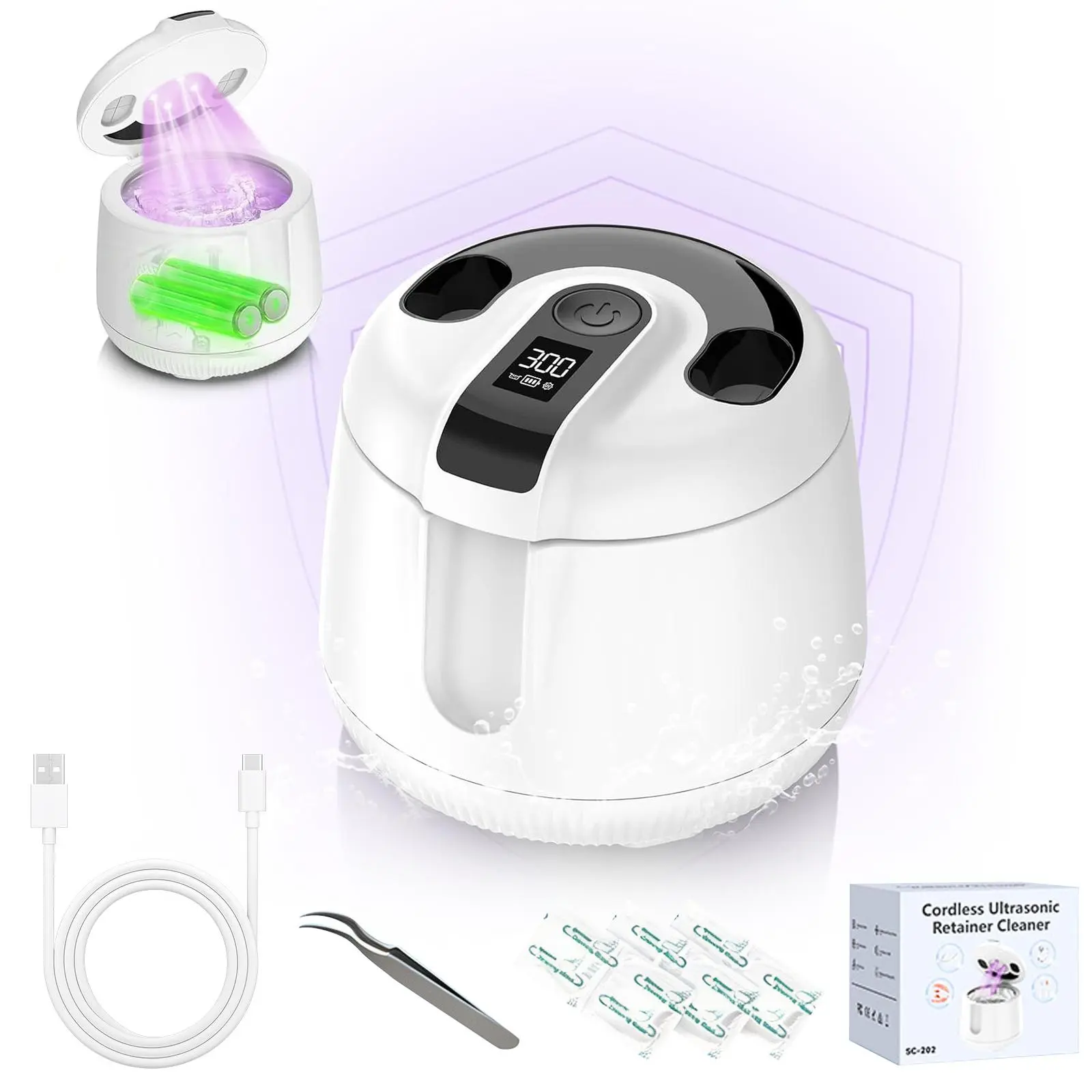 Ultrasonic Oral Cleaner Complete Kit, 48kHz Cordless Rechargeable 4000mAh, 200ml Waterproof Dental Pod, Remove Stubborn Stains, Tweezers for Retainers Dentures