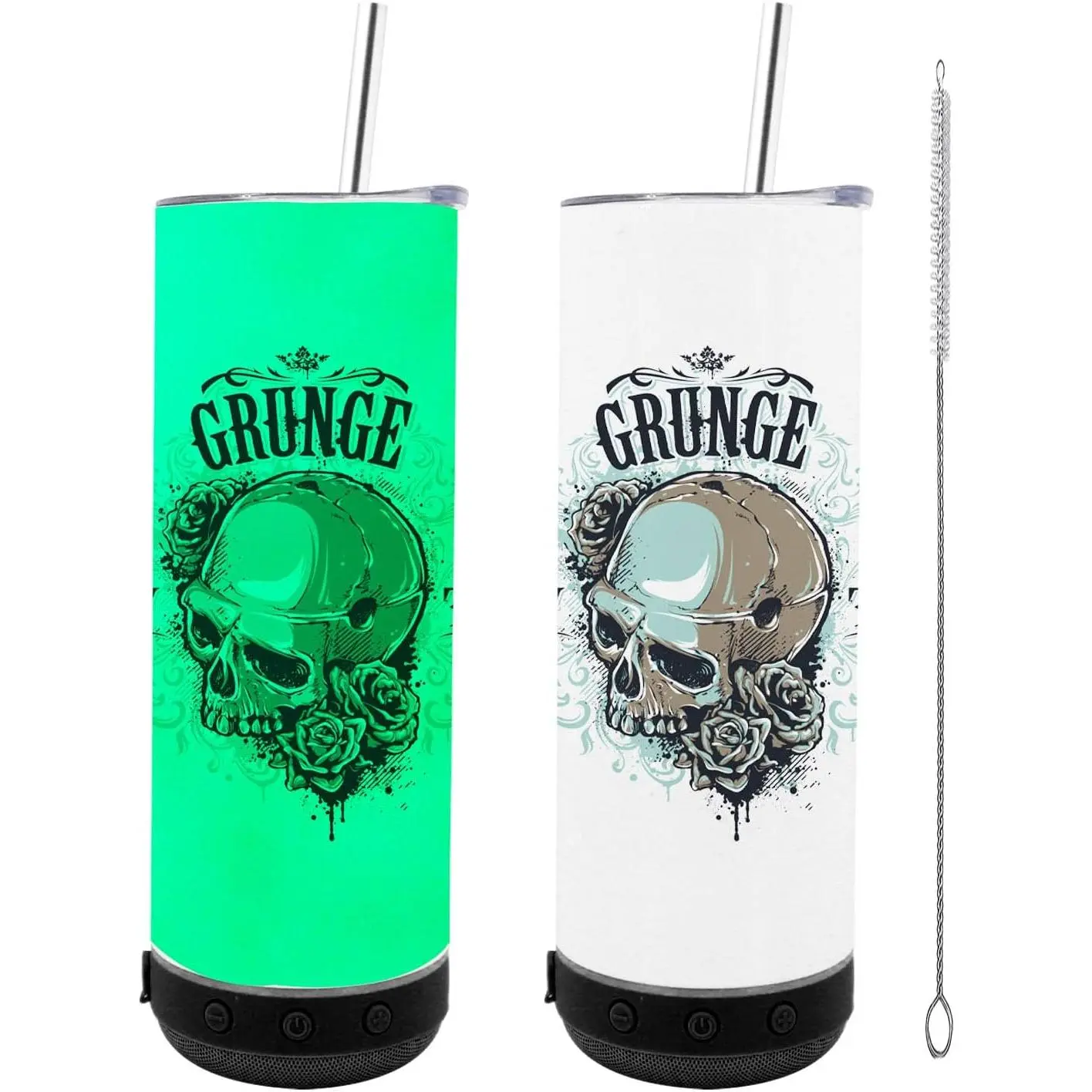 ZREGGUR 20oz Thermal Bluetooth Minimalist Insulated Stainless Steel Sublimation Straight Music Speaker Tumbler Blank - Black (1p), Glow Green Accent, Detachable Lid, Straw, Straw Brush, Portable Lightweight Personalised Coffee Flask