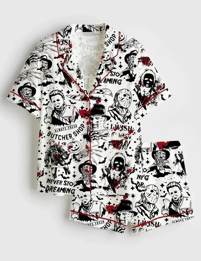Retro Halloween Horror Movie Satin Pajama Set for Women, Spooky Silky Sleepwear and Cozy Loungewear