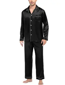 SWOMOG Mens Silk Satin Pajamas Set Long Sleeve Sleepwear Button-Down Pj Two-piece Loungewear with Long Pants S-XXL