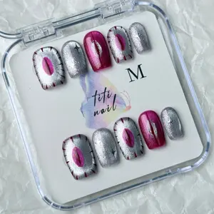 TiTinails Pink Silver Glitter Press On Nails| Short Squoval Shape| Eye & Star Design| 100% Handmade 10pc Reusable Set