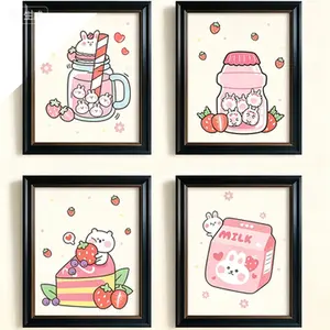 Cute Pink Rabbit Strawberry Poster Prints - Aesthetic Japanese Anime Wall Decor for Dining Room - Kitchen Room Art for Teen Girl Bedroom - Nursery Apartment Pictures - Kawaii Gift Ideas