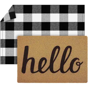 2 count 18'' x 30'' Hello Doormat with 24'' x 35.5'' Rubber Non Slip Buffalo Checkered Rug Front Door Mat Outside Entrance Imitation Coir Welcome Door Mat Indoor Outdoor Water Resistant Rugs