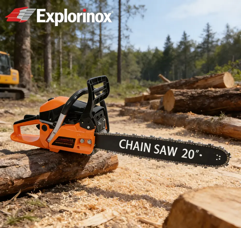 Explorinox 58cc 20-in Gas Chainsaw - 2200W High Power Plastic Model with 1 x Guide Plate, Durability, Automatic Oiler, Ergonomic Design, Comfortable Control for Garden, Ranch Use