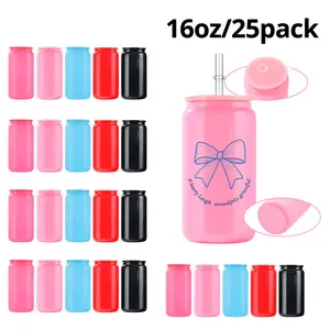 25pcs 16oz Print-Ready Sublimation Colored Glass Cups with PP Lid and Plastic Straw, Reusable Insulated Drinkware Tumbler, Suitable for Home, Office and Festive Gifting,summervibes