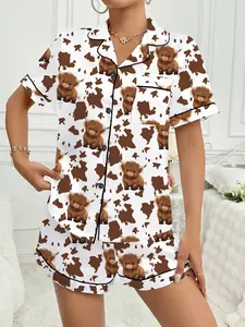 Women's Cartoon Cow Cute Pyjama Set, Loose-Fitting Short Sleeve Top with Pocket, Button Front, Breathable Casual Homewear