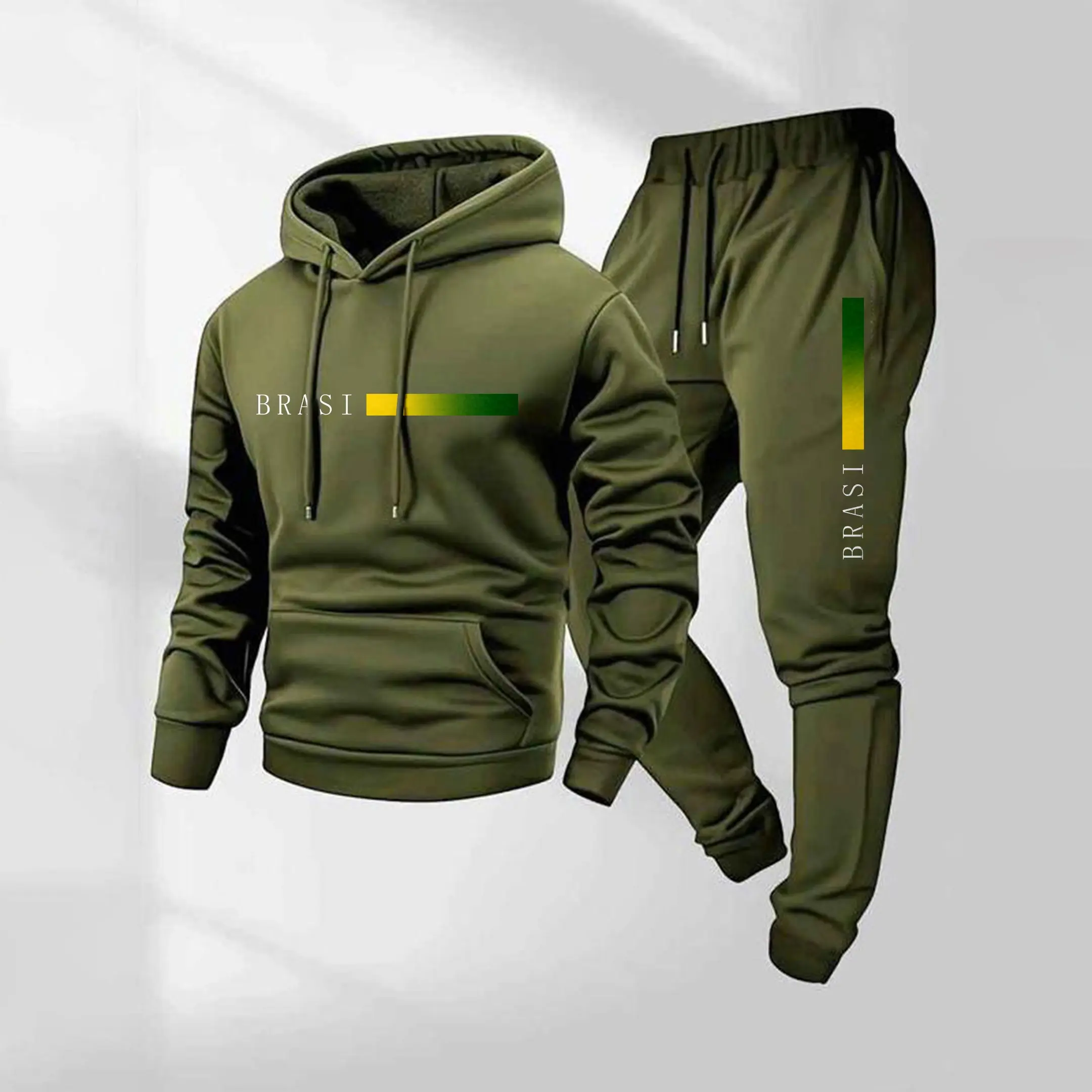 Men's Brazilian Letter Pattern Print Hoodie and Drawstring Sweatpants Set, Menswear, Casual Athletic Long Sleeve Hooded Jacket & Trousers for Fall & Winter, Men's Clothing for Daily Wear, Sportswear Indoor Outdoor, Tracksuit, Athleisure