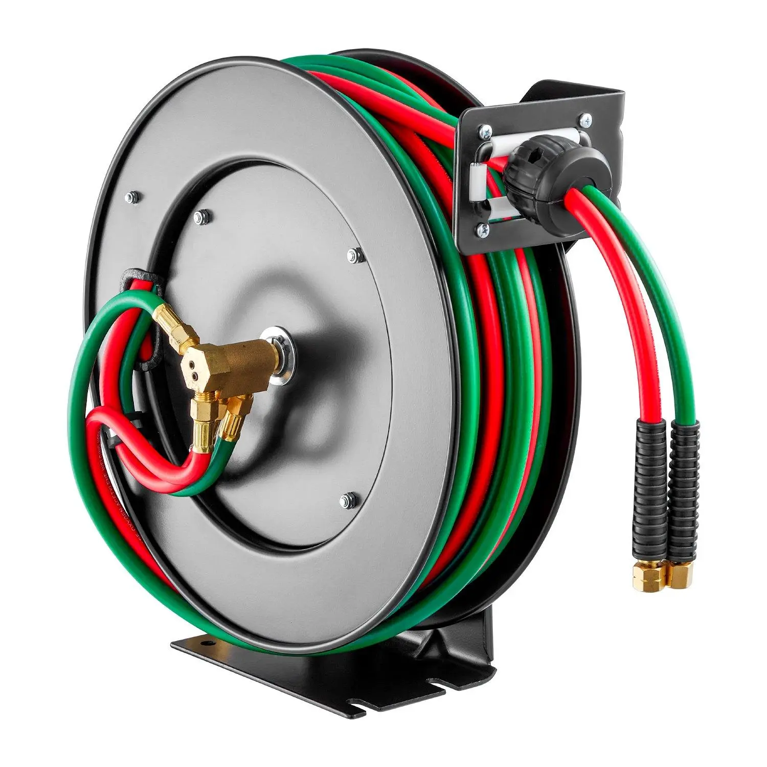 【Summerfinds】VEVOR Retractable Welding Hose Reel, 1/4-Inch x 50FT Twin Oxygen Acetylene Rubber Hose Max 300PSI - T/R Grade, Ceiling/Wall Mount Heavy Duty Steel Hose Reel Auto-Rewind, Ideal for Workshops Garages