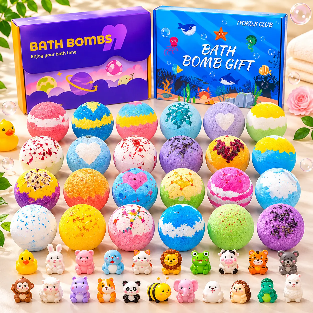 IYOKUJI CLUB 24-Pc Solid Surprise Toy Gift Set - 60g Cruelty-Free De-Stressor Fizzy Spa Bath Bombs with Hidden Toys, Moisturizing Essential Oil Melts, Scented Soaps, Space-Ocean Themes, Skin Repair Body Care for Kids, Cruelty Free Bath Bombs Bath Gift Set