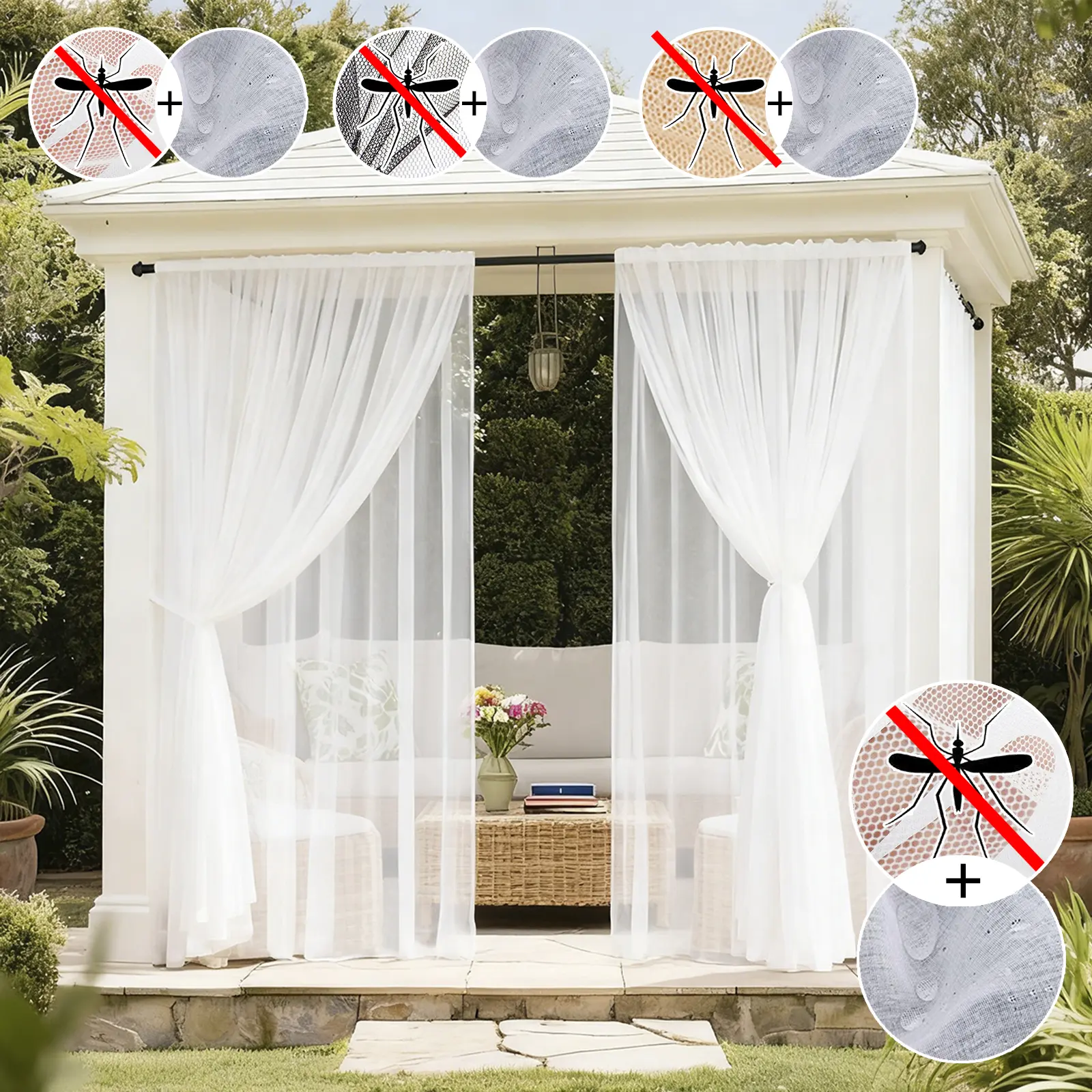 BTTO Dual-Layer Outdoor Privacy Curtain 52x84 inch Water Repellent Mosquito-proof Rod Pocket Gazebo Drapes with Tiebacks for Porch Garden