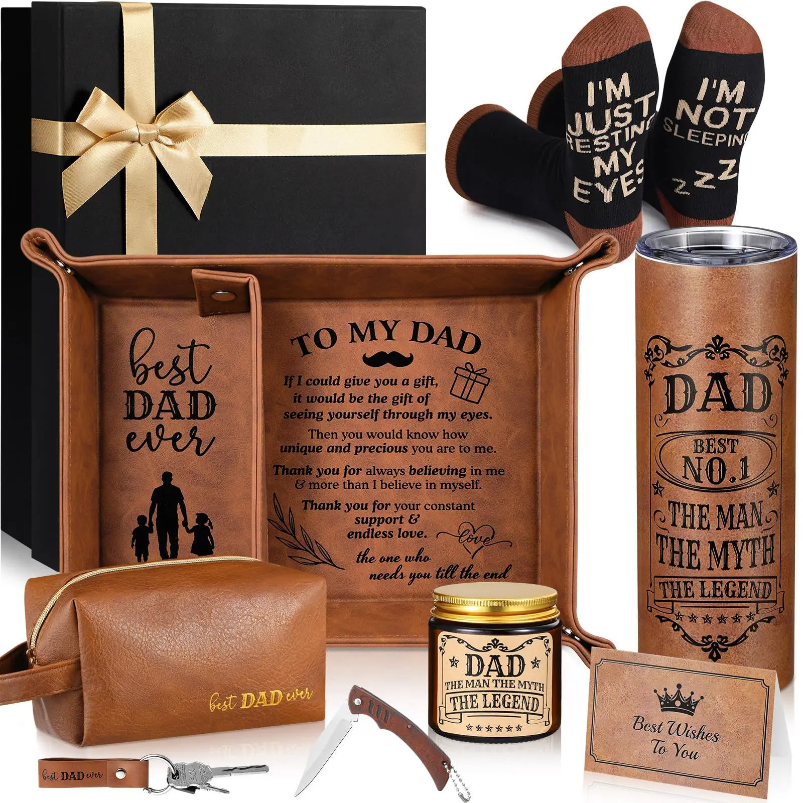 10 Pcs Birthday Gifts for Men Dad Deluxe Gift Box Godfather Gift Christian Gift Basket with Leather Tray Tumbler Toiletry Travel Bag Sock, Father's Day Gift Ideas From Son Daughter Wife for Birthday Anniversary Personalized Gift Package