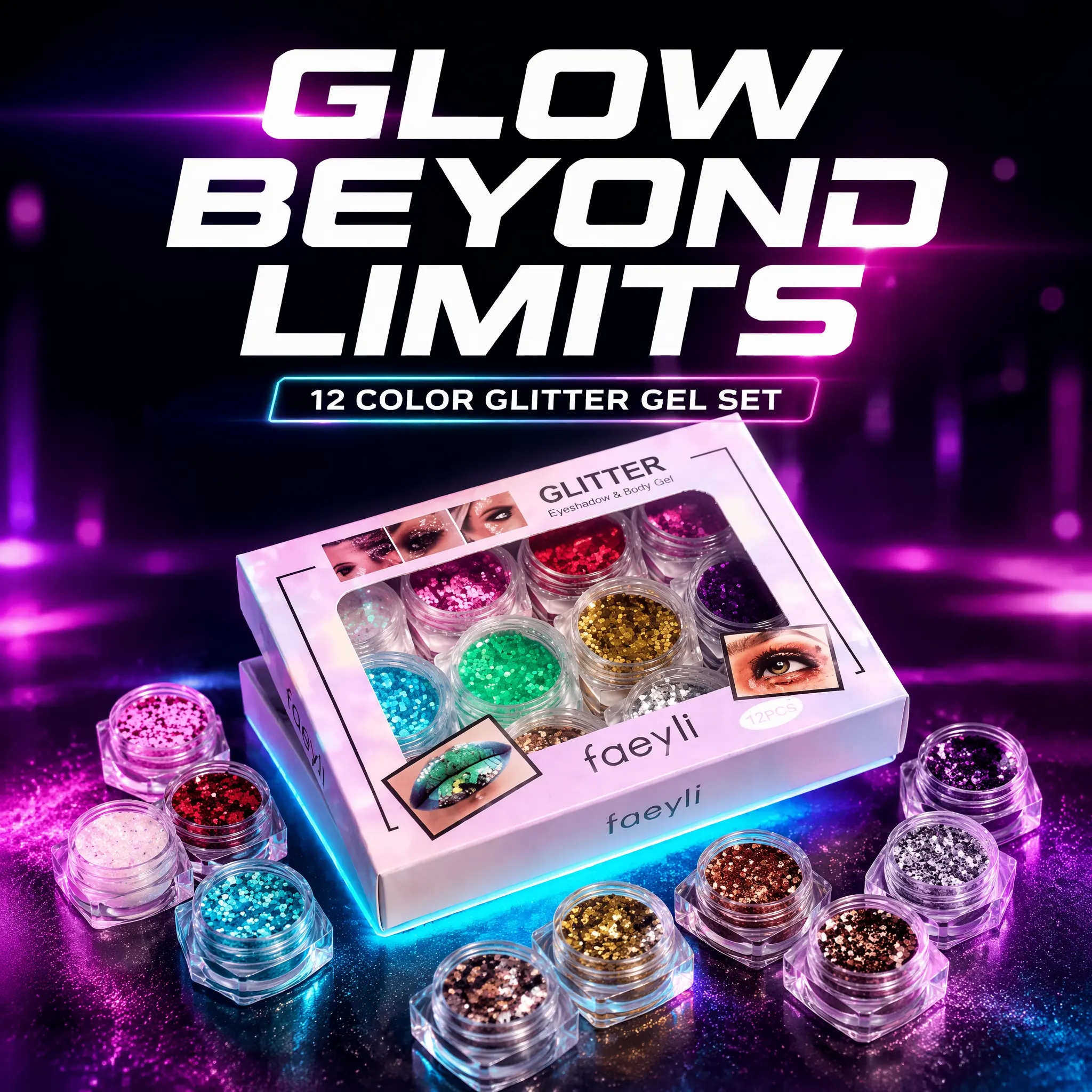Face Body Glitter Gel Kit - Hypoallergenic Makeup Multi-Use Gel with Long-Lasting Sparkly Finish, Faeyli Sequins for Eyes, Lips, Hair, Nails, Festival Rave Stage Cosmetic Eyeshadow Powder, Alcohol-Free