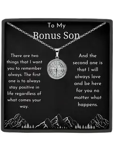 To My Bonus Son Compass Stainless Steel Name Engraved Pendant Necklace, Graduation Gift for Son, Birthday & Christmas Present, Meaningful Card Included, Engraved Necklace, Sentimental Necklaces