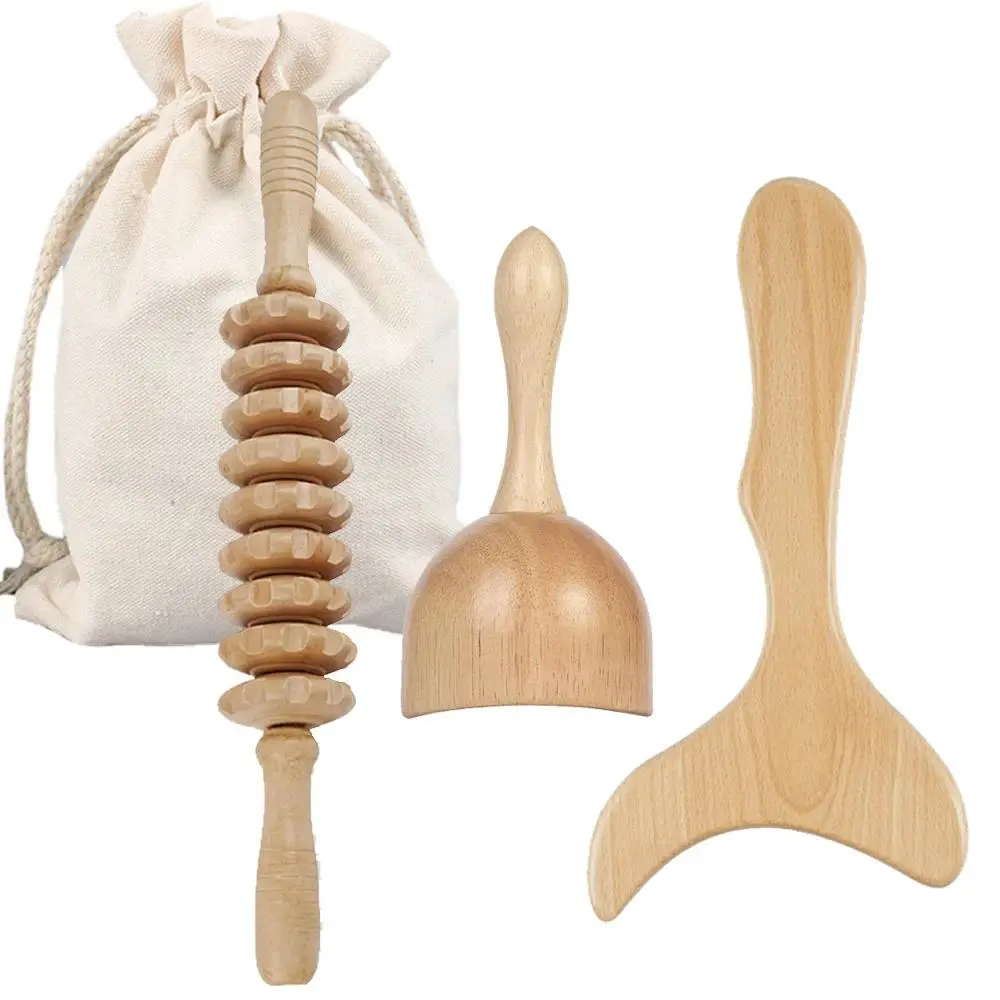 3 counts Wooden Massage Roller Tool Set, Lymphatic Drainage Massager Maderoterapia Kit, Manual Massage Tool for Body Massage Gua Sha Set, Muscle Roller Stick, Body Shaping Tool, Body Care Tool
