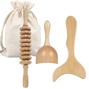 3 counts Wooden Massage Roller Tool Set, Lymphatic Drainage Massager Maderoterapia Kit, Manual Massage Tool for Body Massage Gua Sha Set, Muscle Roller Stick