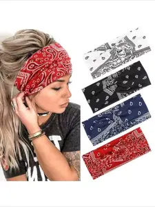 Bohemian Yoga Sweat Absorbing Elastic Cotton Headband, Women's Wide Knot Cross Sport Hair Accessory, All Seasons Fashion