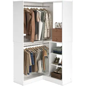 36'' Corner Storage Cabinet , Walk-In Closet Organizer System Set with 2 Hanging Rods and Storage Shelves, Large Freestanding Closet Organizer System, White Corner Closet Organizer with Drawers and Rod for Organizer Storage