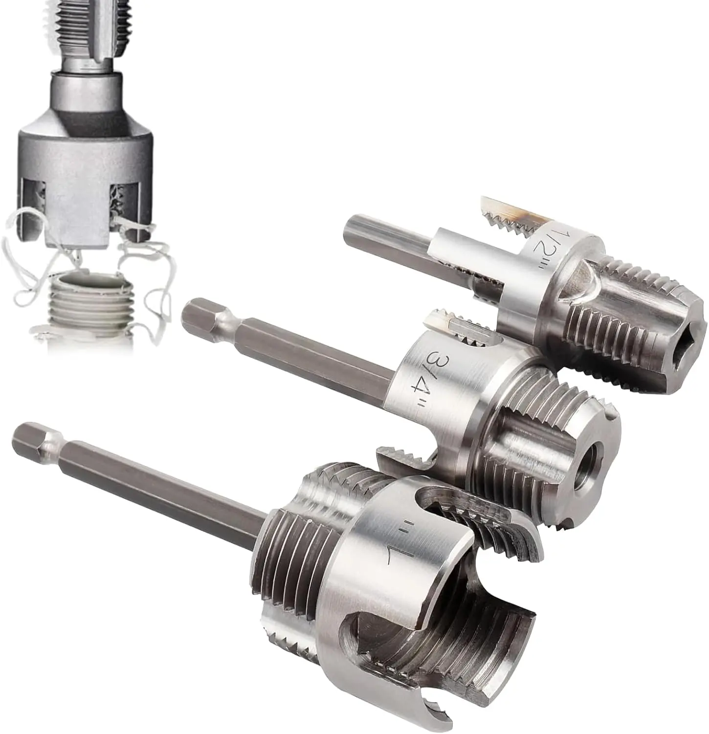 3 Pcs Internal & External Pipe Threading Tool, Function Pipe Thread Cutting Tool for 1/2" & 3/4"& 1" PVC/Plastic Pipes, Electric Drill Compatible Pipe Threader Kit for Home Repair