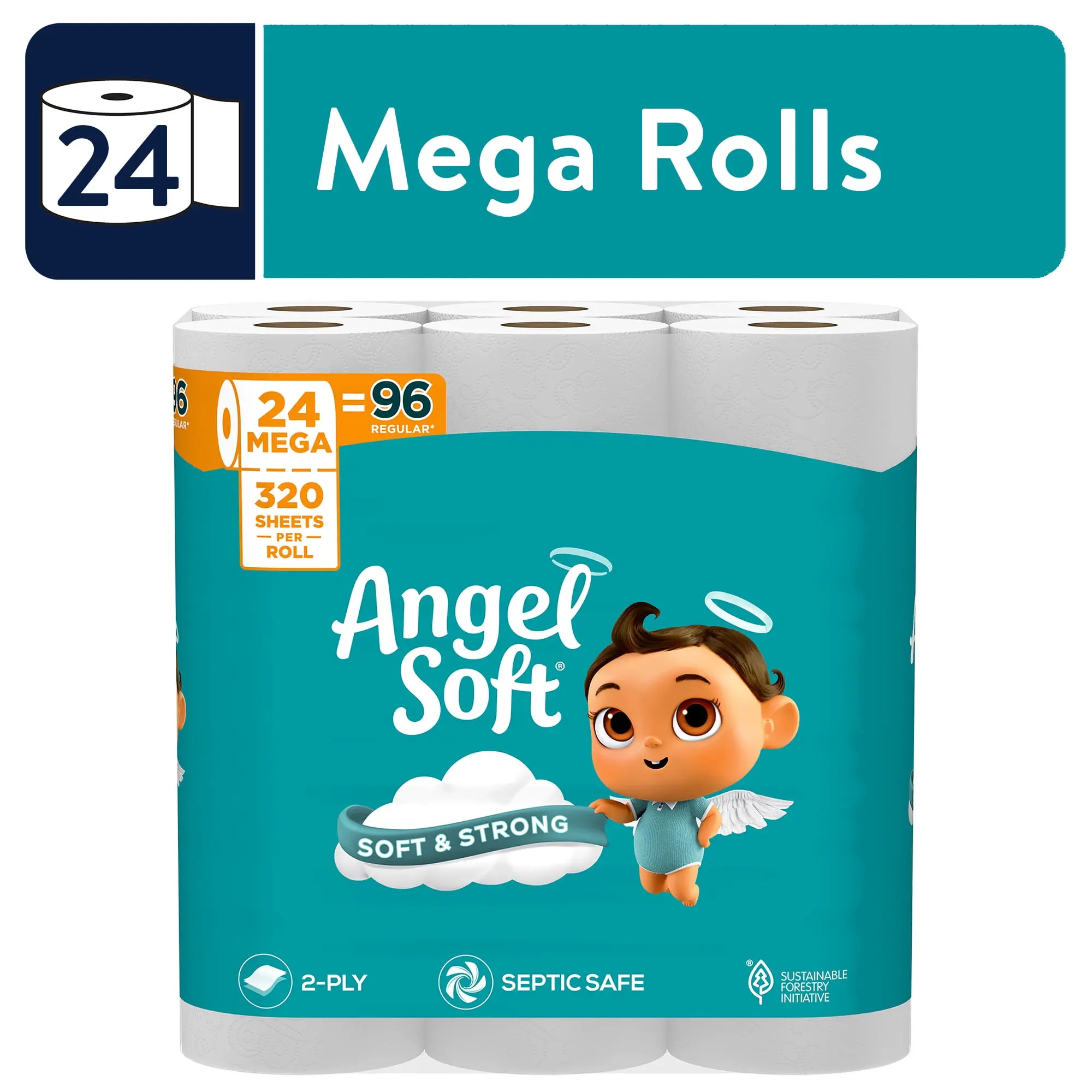 Angel Soft 2-Ply Toilet Paper, Disposable Tissues with Sheets, Long Lasting & Durable, Soft & Strong, Flushable Septic Safe Home Supplies, 24-Roll Pack, Bathroom