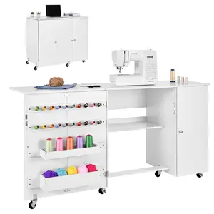 【Summervibes】VEVOR Folding Sewing Table, Multipurpose Sewing Machine Table with Cabinet, Compact Design, Wheels, Wooden Pegs, Storage Trays and Shelf, Magnetic Door, Craft Station and Side Desk for Home, White