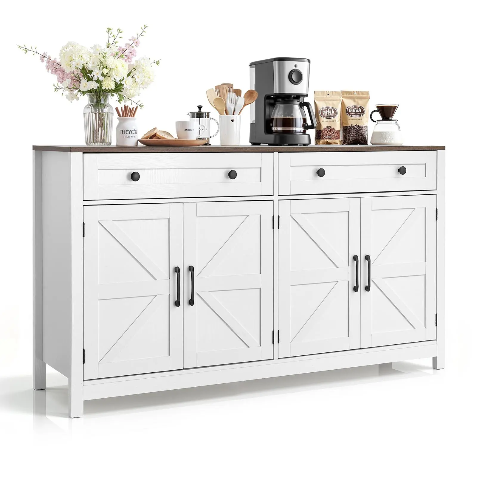 【SummerFinds】VEVOR Coffee Bar Cabinet, Farmhouse Coffee Bar Table with 2 Drawers, Buffet Stand Cabinet with 4 Barn Doors, Sideboard Buffet Station for Living Room, Entryway, Kitchen, 55.1 x 15.5 x 31.5 in, White